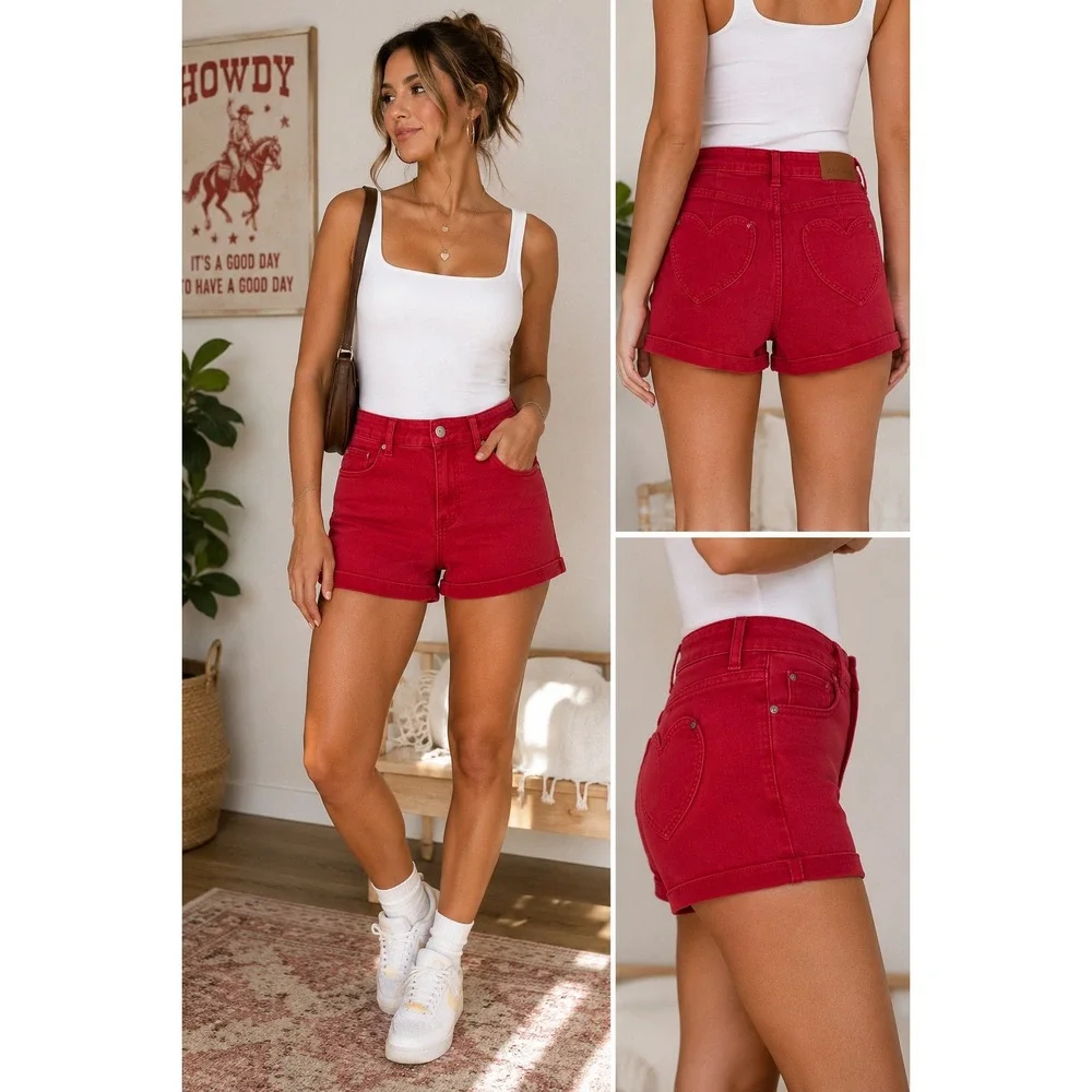 Judy Blue Women's M Red Tummy Control High Rise Heart Pocket Denim Shorts 28x4